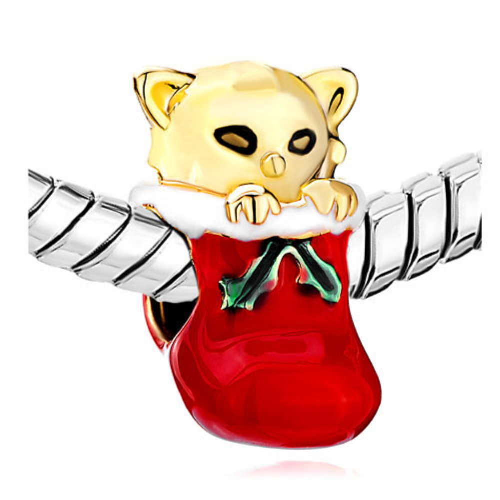 Pugster Christmas Cat Bracelet 18kt Gold Plate Charm - Fits Pandora